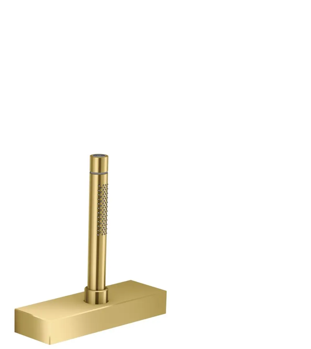 AXOR Edge Wannenrand-Set in polierter Goldoptik, mit einem schlanken, vertikalen Design und einer stabilen Basis. Ideal für moderne Badgestaltungen.